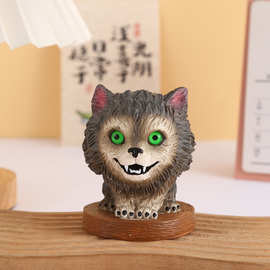 跨境新款绿眸天狼啸月迷你可爱绿眼睛孤狼仔桌面幸运树脂装饰摆件