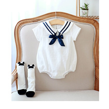 婴儿连体哈衣新生儿海军风夏薄款男女宝宝纯棉洋气短袖包屁衣爬服
