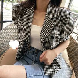 chic韩系格子翻领短款复古双排扣西服外套