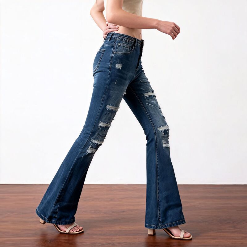 Flared Ripped Jeans for Women, Stretchy Slim-Fit Vintage Washed Blue Flared Pants with Frayed Edges