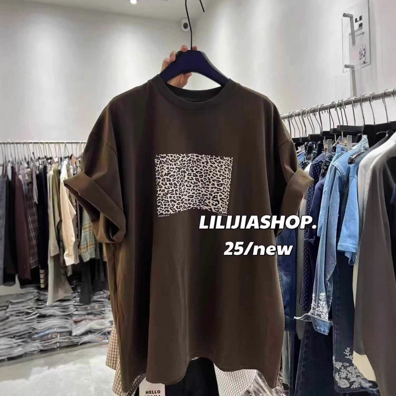South Korea's Dongdaemun Autum New American Retro Loose Slimming Look Versatile Leopard Print Short-Sleeved T-Shirt Women's Tops