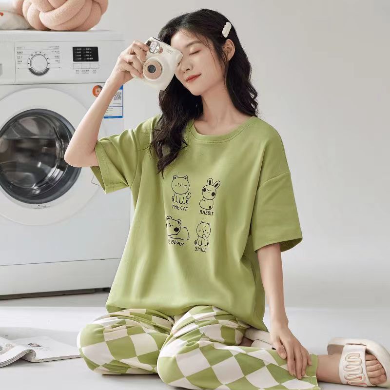 2026년 신상 여성용 순면 라운드넥 잠옷, 만화풍 체크무늬 반팔, 루즈하고 귀엽고 상큼한 여성용 홈웨어 세트