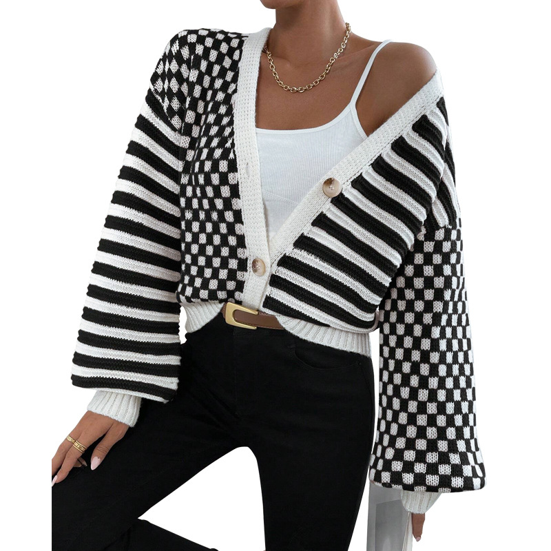 Women's Clothing Women's Knitted Cardigan Autumn/Winter Style Plaid Striped Top Sweater Style For Formal & Casual For Women_ecoleips.com