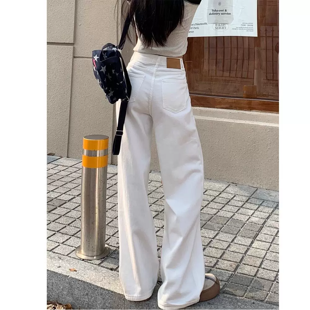 窄版白色牛仔裤女夏季薄款2025新款高腰宽松垂感直筒裤显瘦拖地裤