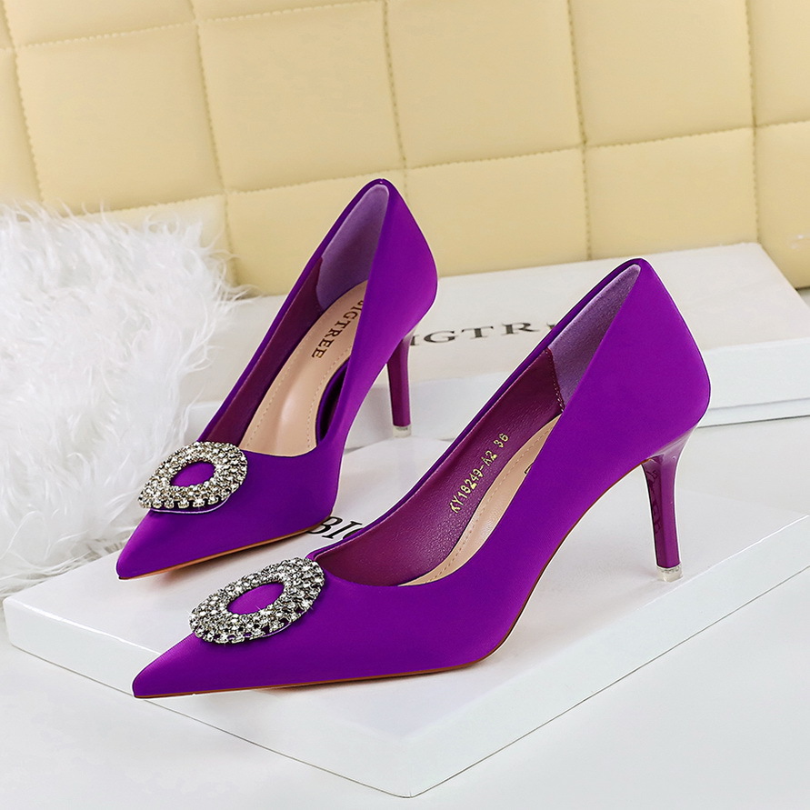 18249-AK62 European And American Fashion Shallow High Heels Rhinestone Round Buckle Single Pointed Toe Stiletto Sexy_vogvips.com