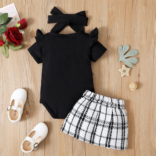 Summer  New Foreign Trade Baby Girl Little Chanel Style Plaid Short Skirt Three-Piece Set for Newborn Summer Thin