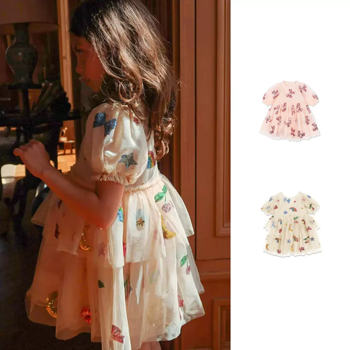 女童连衣裙2025夏季丹麦新款可爱时尚蝴蝶结亮片公主风女孩裙子