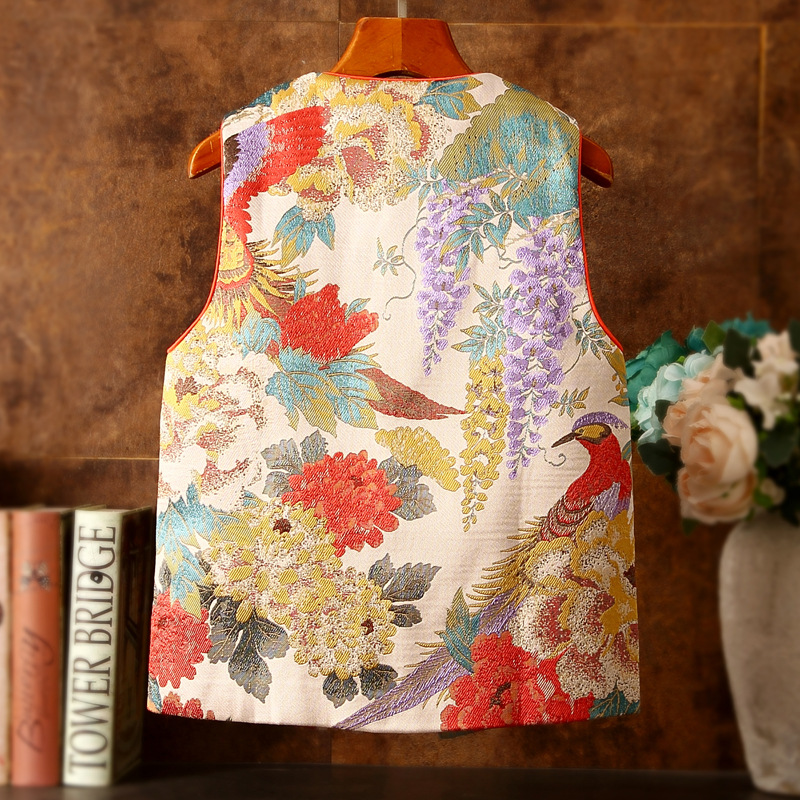 Mujeres brocado de cuello de corazón Jacquard chaleco sin mangas chaqueta chaqueta chaqueta chaqueta estilo chino bordado tridimensional