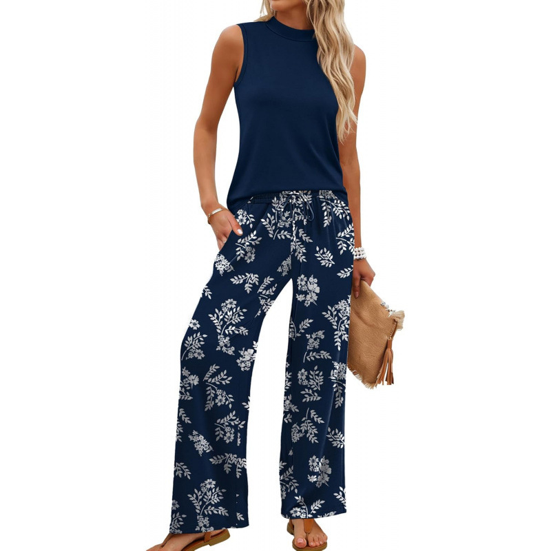 Exclusively for Amazon: Popular Sleeveless Printed Two-Piece Set, European and American Casual Comfortable Faux Collar Wide-Leg Pants Set