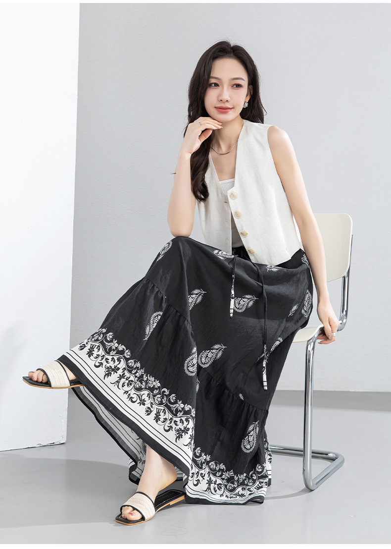 Chân váy chữ A bohemian eo cao in họa tiết, dáng xòe rộng, phù hợp đi biển và nghỉ mát — màu đen chi tiết 21