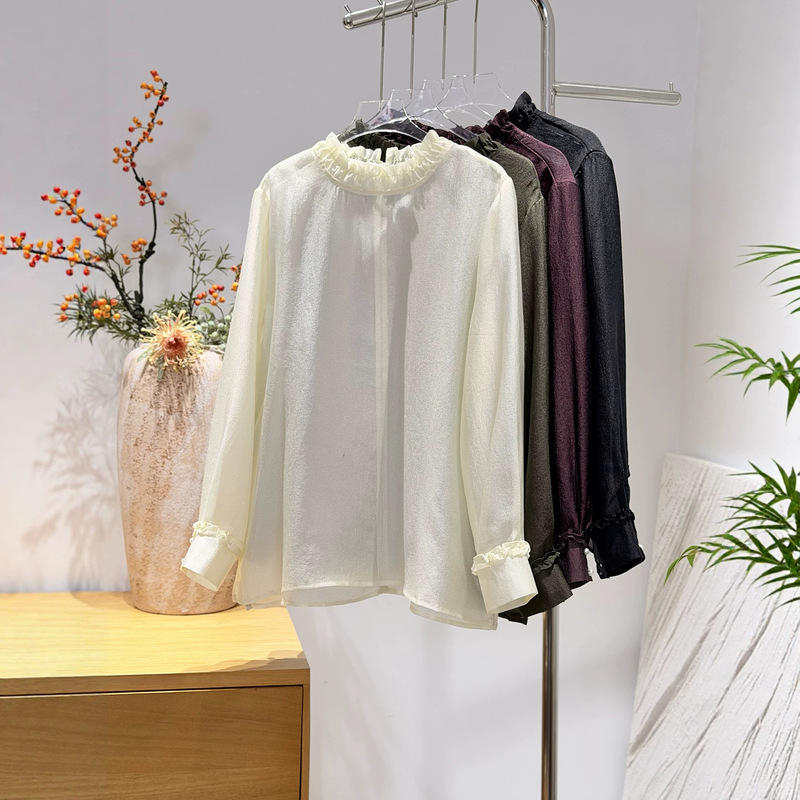 Exquisite lace-trimmed collar shirt, loose-fitting for spring and autumn, new Chinese style, versatile, age-reducing, with ruffled edges and sheer long sleeves