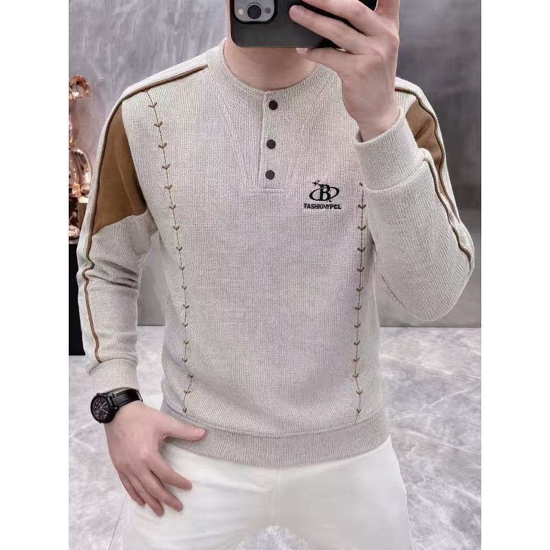 High-end, lightweight, and luxurious Henley-neck sweatshirt for men, featuring letter embroidery in a "old money" style, a versatile and stylish base layer, and a trendy European design