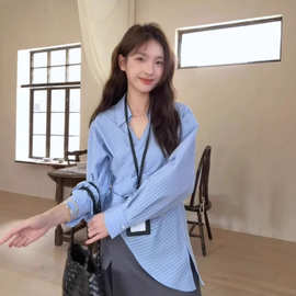 韩系侧边系带收腰交叉小翻领衬衫女早春新款条纹衬衣独特别致上衣