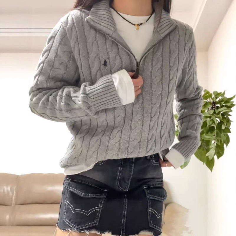 In-Stock High Version Rl Raff Embroidery Pony Logo Fifteen-Color Half-Zip Cable Knit Sweater Versatile Women's Top In-Stock High Version Rl Raff Embroidery Pony Logo Fifteen-Color Half-Zip Cable Knit Sweater Versatile Women's Top