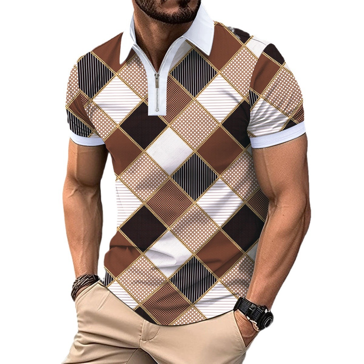 Neues Poloshirt für Herren mit kurzen Ärmeln und quadratischem Revers und Reißverschluss_voghion.com