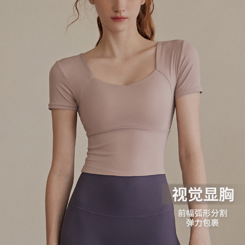 胸パッド付きヨガ服トップス女性の夏半袖 Tシャツピラティス高級感タイトなランニングスポーツフィットネス|undefined