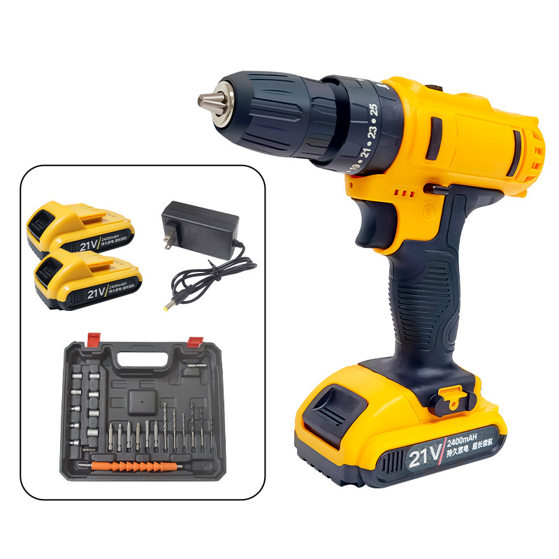 Soporte al procesamiento al por mayor del tipo de comercio exterior destornillador eléctrico multifuncional taladro de litio taladro de impacto amarillo taladro de mano de carga