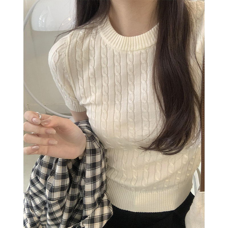 Aimee Duo Korean Style Design Sense Hemp Pattern Round Neck Shoulder Top Comfortable Breathable Solid Color Knitted Short-sleeved T-shirt for Women