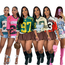 TW615夏季欧美时尚复古宽松休闲T恤撞色街头网格运动球衣长版上衣