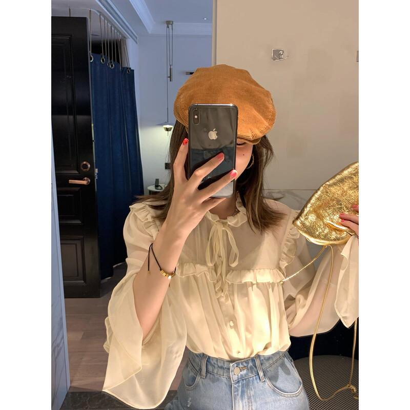 [Ready Stock] Vc French Eyelash Lace Two-Piece Set Layered Early Autumn New Long-Sleeved Ruffle Shirt for Women