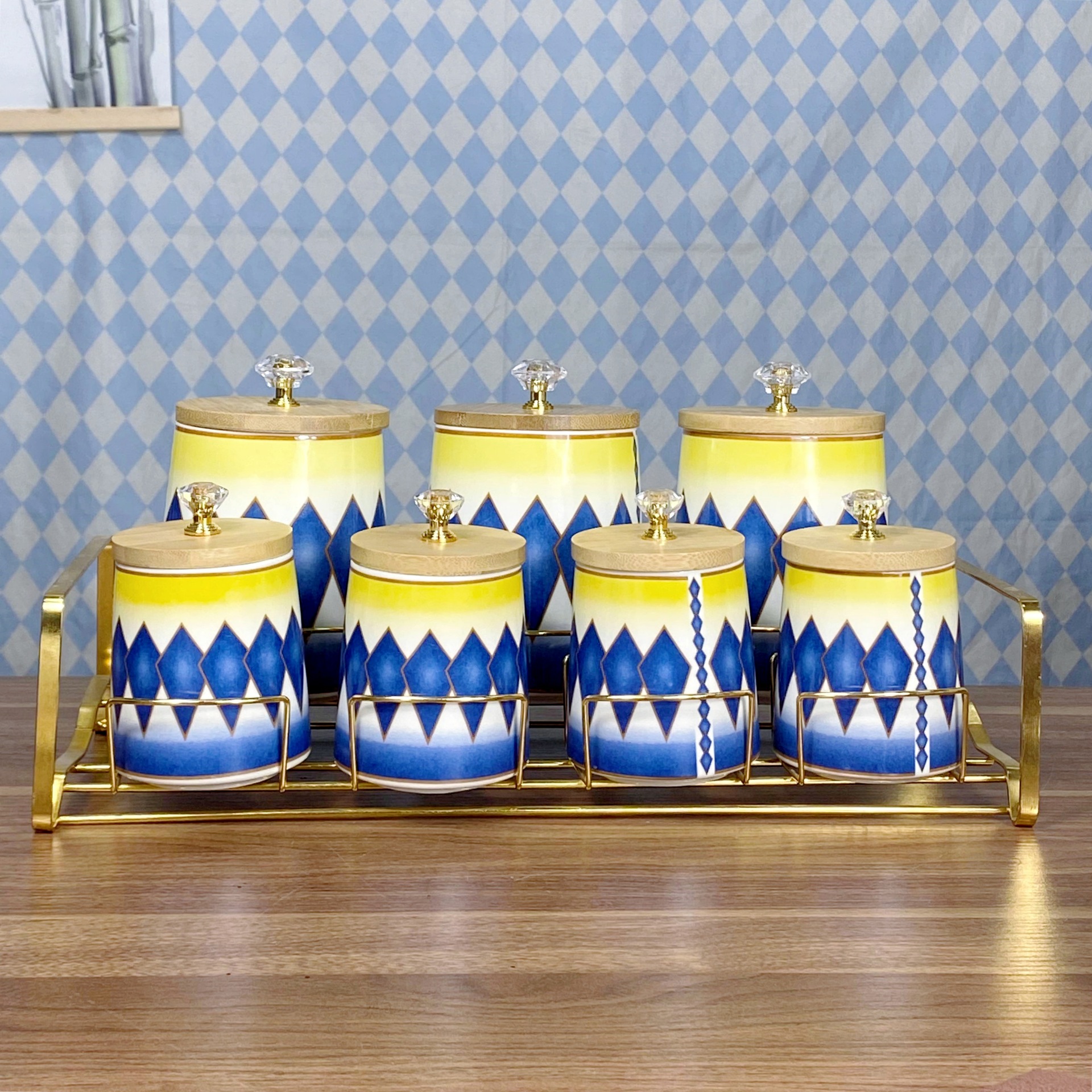 Comercio exterior exportación de cerámica de lujo ligera condimento cocina cubierta de madera condimento caja de cuentas superior conjunto de comercio con estante de contenedor