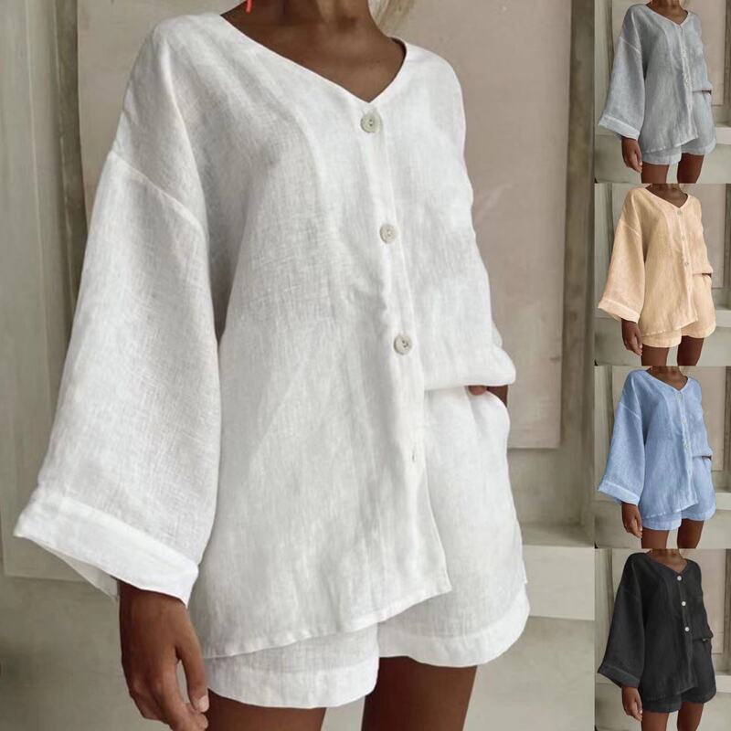 European and American Cross-Border Amazon Wish Export Summer New Women's Fashion Cotton and Linen Shirts Shorts Casual Suits