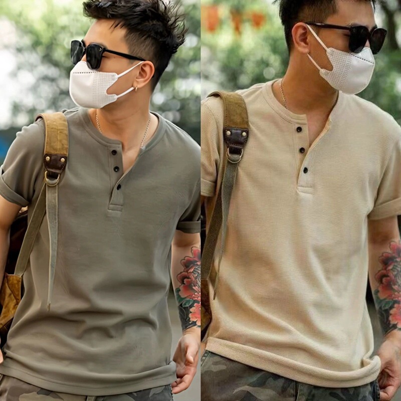 American-Style Short-Sleeved T-Shirt for Men, Retro Men's Jersey Knit Trendy V-Neck Polo Shirt American-Style Short-Sleeved T-Shirt for Men, Retro Men's Jersey Knit Trendy V-Neck Polo Shirt