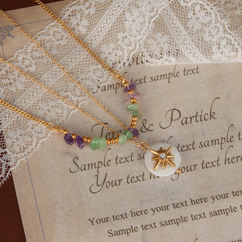 Double Layered Natural Stone Necklace With Octagonal Star Pendant_voghion.com