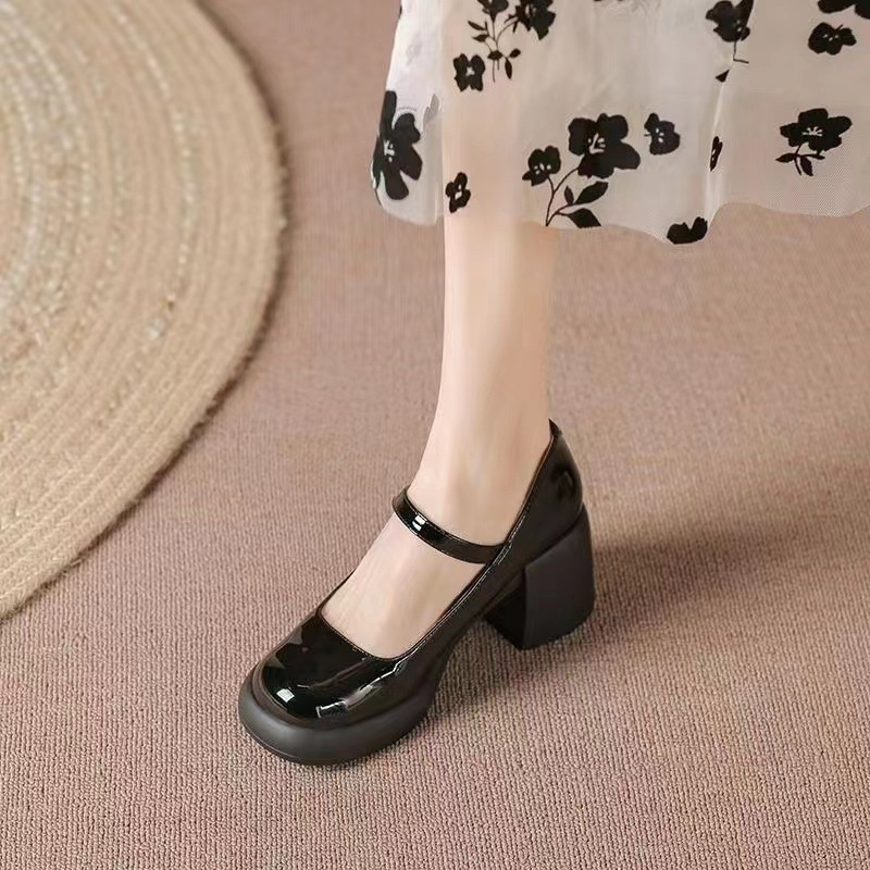 2026 primavera y verano nuevos zapatos de talón grueso con falda de hadas zapatos de cuero de talón alto francés