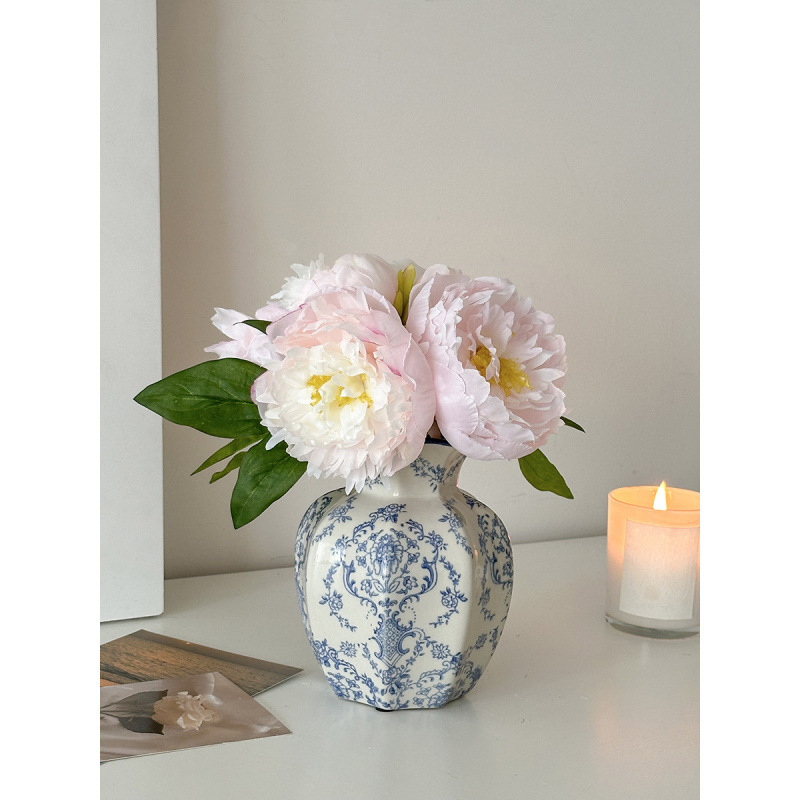 Nuevo jarrón de cerámica azul china nueva decoración de estilo chino sala de estar floral decoración de vestíbulo de estilo antiguo peonía floral
