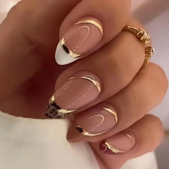 European and American foreign trade ins style almond nails shiny gold foil color matching leopard print French whitening fake nails finished products wholesale