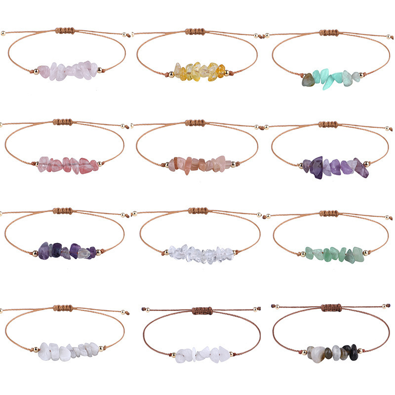 European and American Popular Asymmetrical Gravel Raw Stone Braided Wax Thread Bracelet Bohemian Tiger Eye Amethyst Beach Bracelet