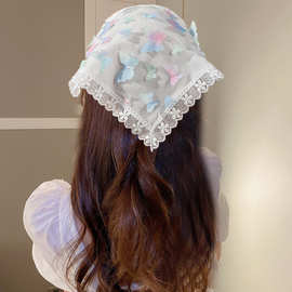夏季薄款花朵蕾丝三角巾发带女甜美少女风镂空包头巾纯色绑带发带
