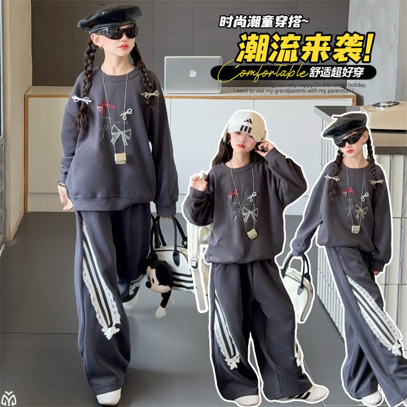 女童春秋季针织卫衣套头裤子套装2025年秋装儿童中大童休闲两件套|undefined
