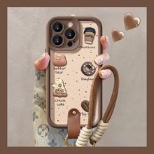 咖啡小熊公仔挂绳适用苹果13PRO手机壳15硅胶防摔16小羊皮XR/XS女