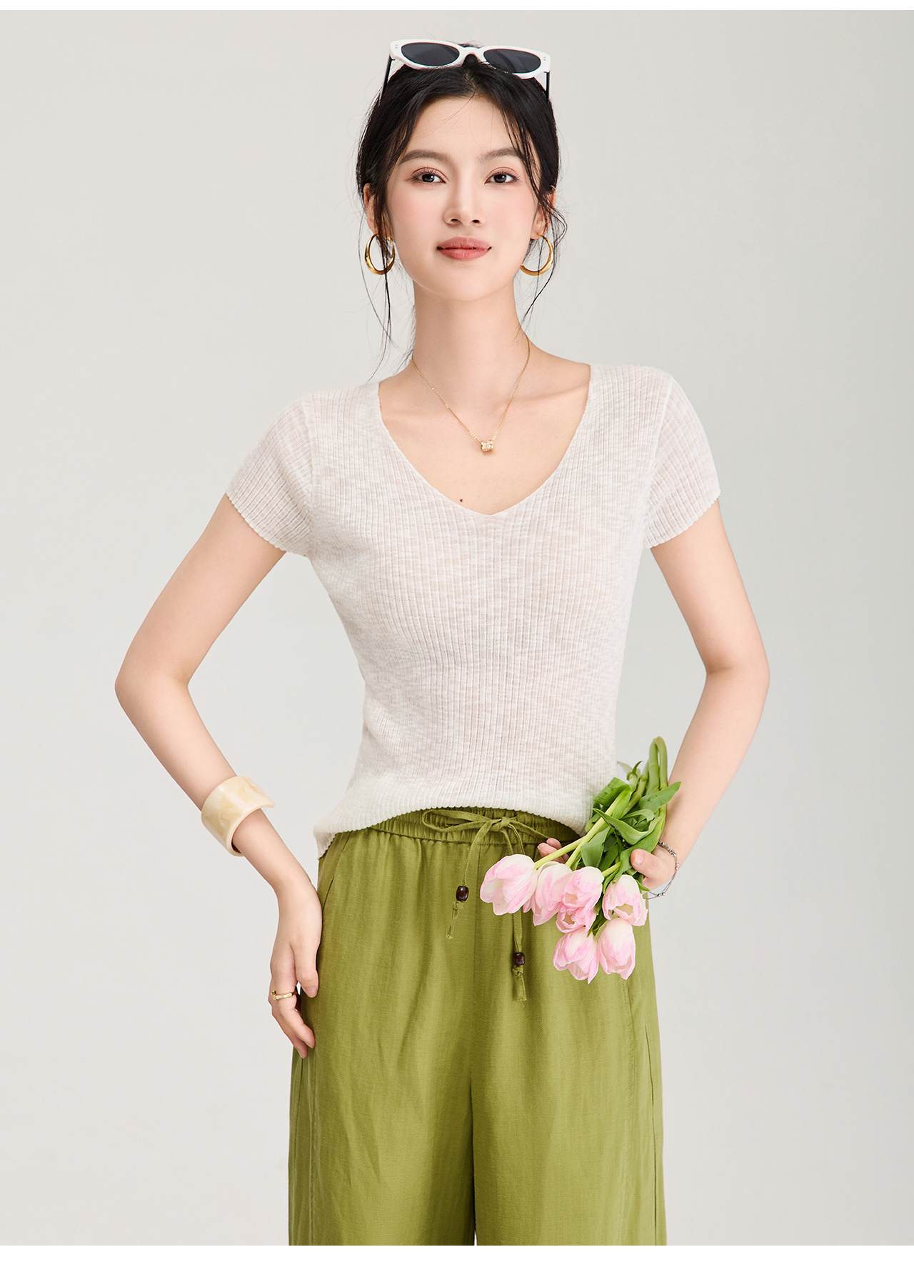 Áo thun ngắn tay nữ dệt kim sợi lanh siêu mịn dáng rộng mùa hè — màu xanh navy chi tiết 19