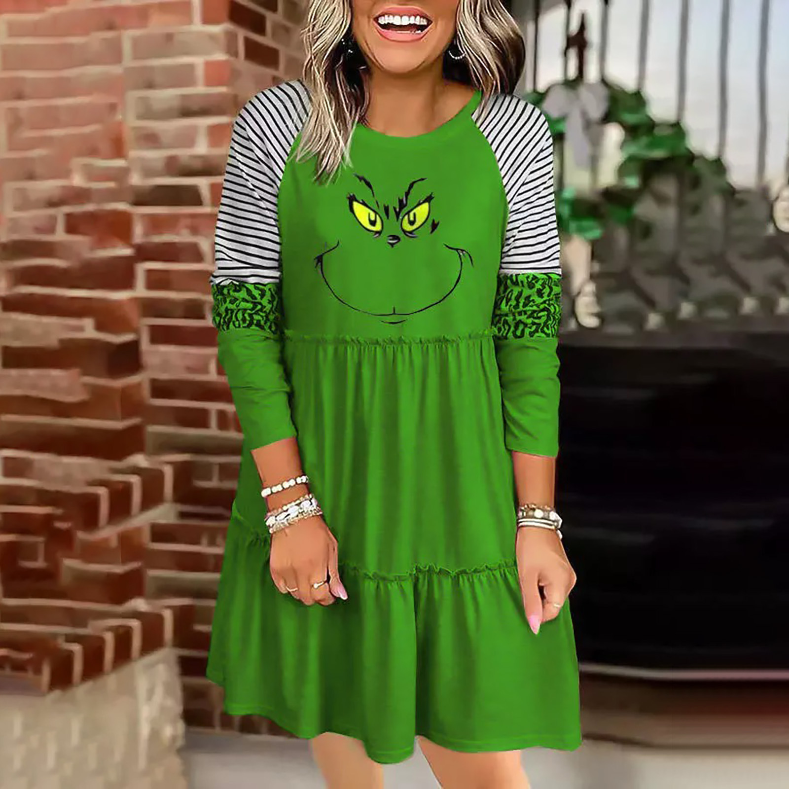 2025 New Christmas Grinch Green Striped Raglan Long-Sleeve Women's Dress