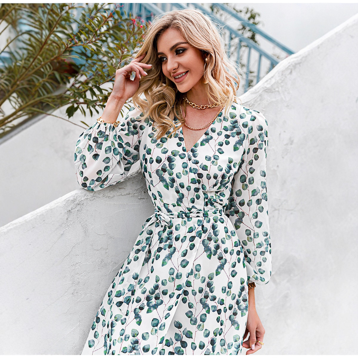 2025 European and American cross-border foreign trade printed spring and summer long-sleeved lace-up A-line green leaf women's dress with high waist