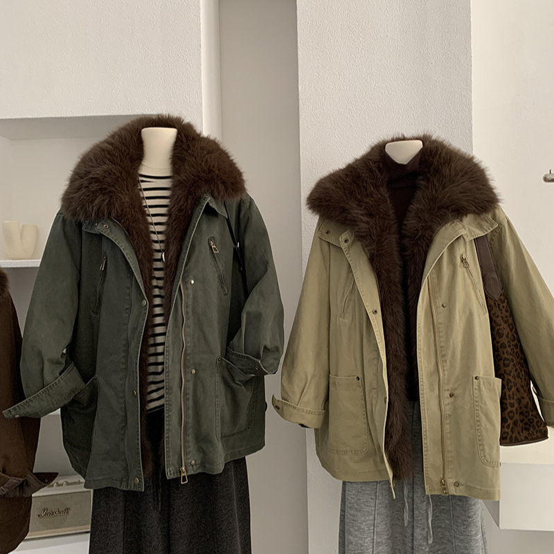 Omalai Large Lapel Fur Splicing Workwear down Jacket Women's Winter Mid-Length White Duck down Jacket 5904