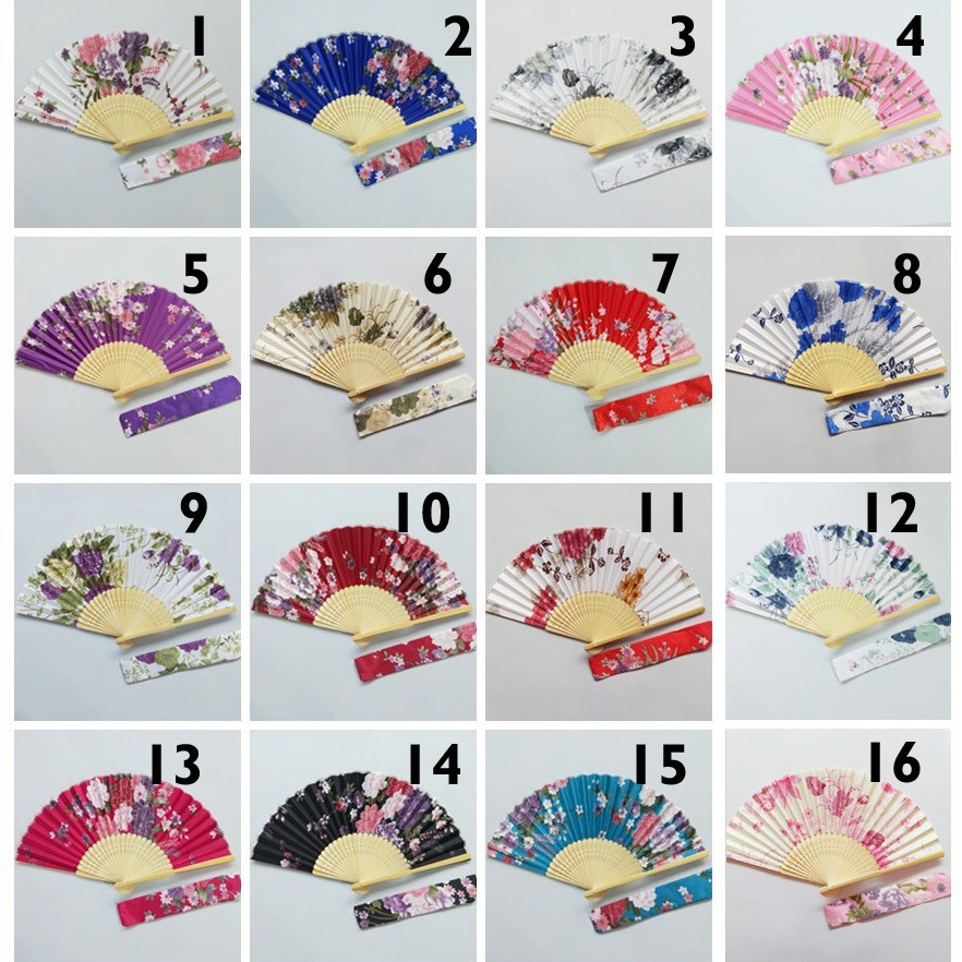 En stock ventilador de tela satinada multicolor opcional ventilador plegable de las mujeres vino rojo más bolsa de ventilador estilo japonés y ventilador