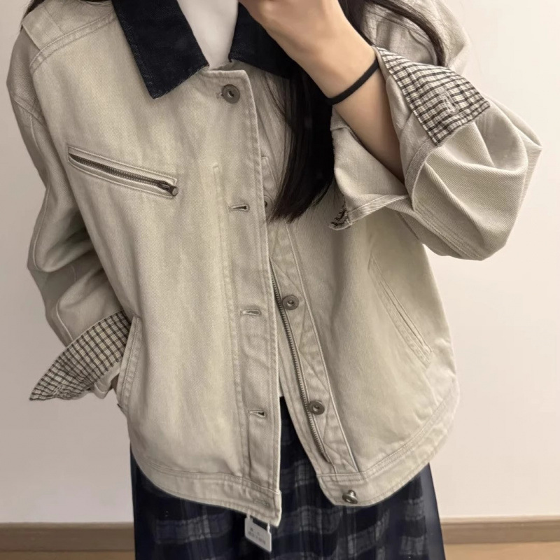 美式复古撞色领工装成衣落色水洗挺阔短夹克外套|undefined