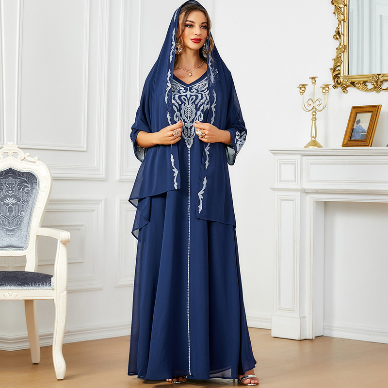 Women's Robe Cross-Border New Ethnic Style Embroidered Solid Color Abaya Elegant V-Neck Jalabiya Dress