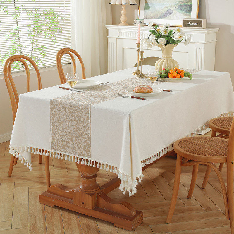 Vintage Floral Jacquard Tablecloth With Tassels Brown Polyester_voghion.com