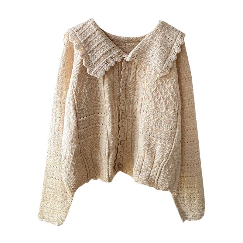 Viento suave muñeca collar suave de cera de punto cardigan femenino 2024 primavera y otoño nuevo dulce flojo suéter chaqueta femenina