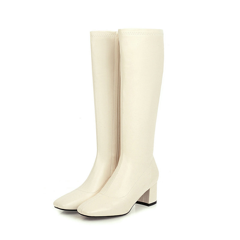 European and American women's boots square toe chunky heel high heel stretch boots high boots plus size side zipper Martin boots military boots Knight boots