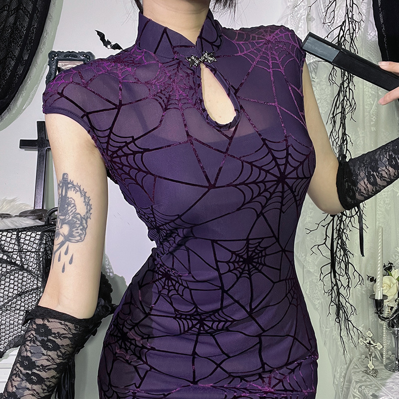 CF25029 European and American style dark temperament spider cheongsam dress new spider web new Chinese cheongsam suit