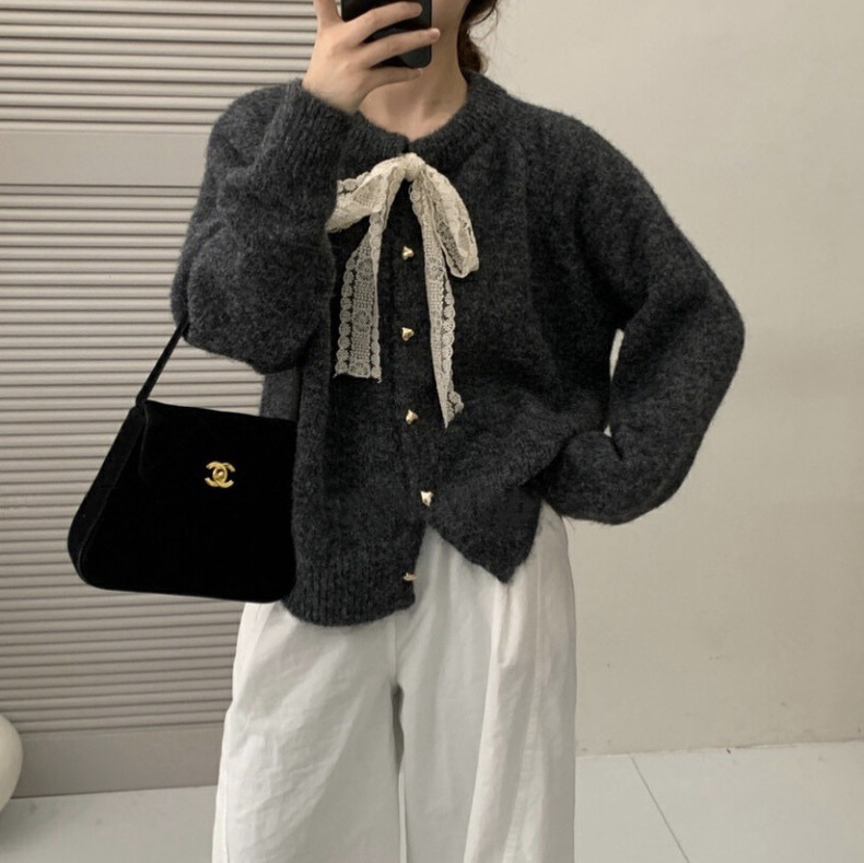 韩系甜美风秋冬毛衣女宽松设计感蕾丝蝴蝶结圆领针织开衫外套上衣|undefined