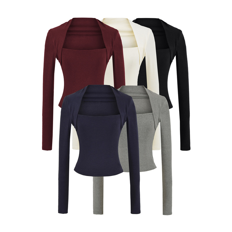 2025 Autumn Hot Girl Fake Two-Piece Shoulder Long Sleeve T-Shirt Women's Short Elastic Slim Bottoming Shirt Top Trendy