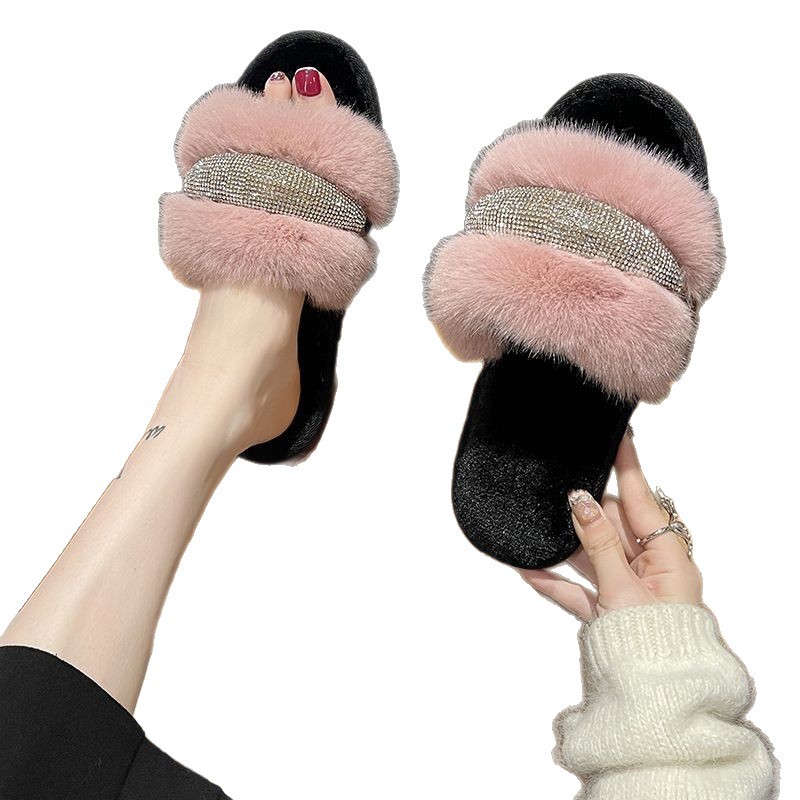 Nuevas zapatillas de cristal de lana con diamantes planos de red de moda de mujer abierta de invierno y otoño zapatillas de algodón