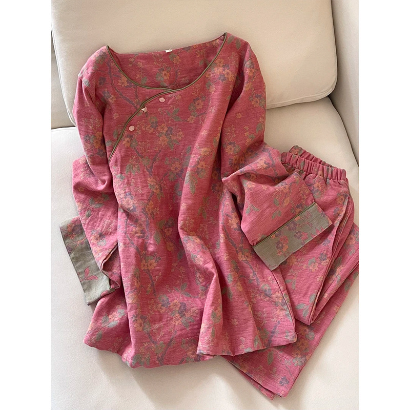 新中式春秋国风植物花卉印花睡衣女宽松复古宫廷奢华家居服两件套|undefined